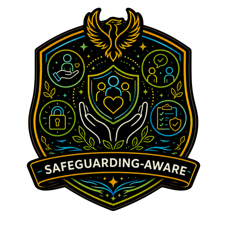 Safeguarding-Aware Youth Support Badge Neon shield icon representing safeguarding awareness, child protection and safe youth mental health services.