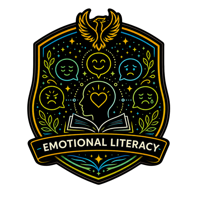 Emotional Literacy Skills Badge Neon shield icon representing emotional literacy, understanding feelings and developing emotional intelligence in young people.