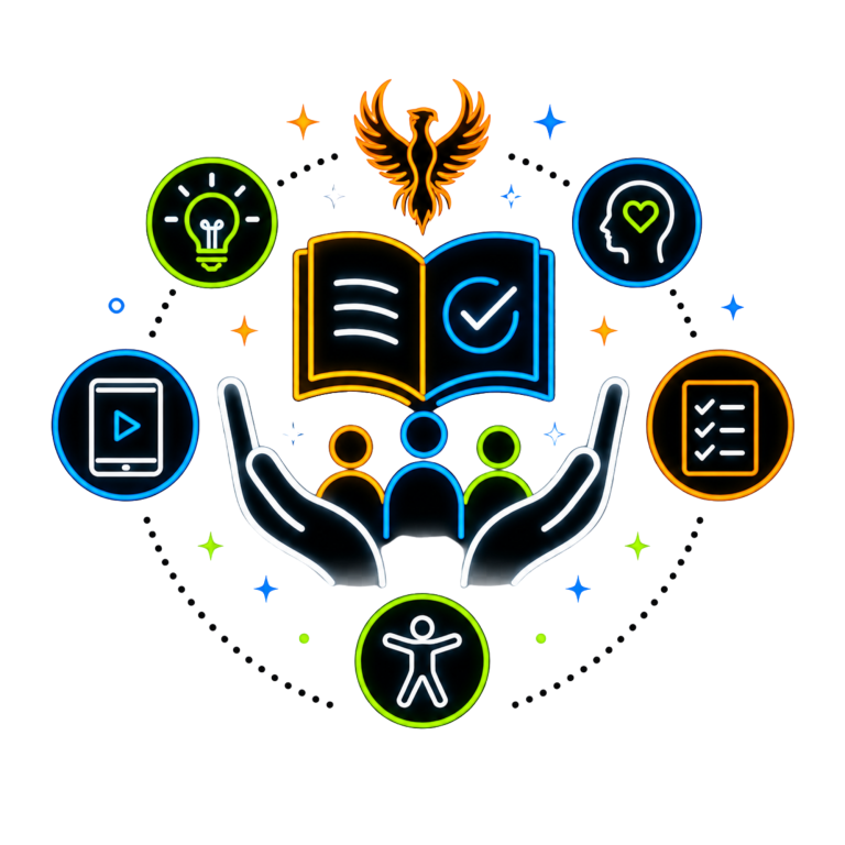 Practical & Accessible Learning | Fynix Project Practical and accessible learning icon showing education, wellbeing, inclusion, and trauma-informed development.