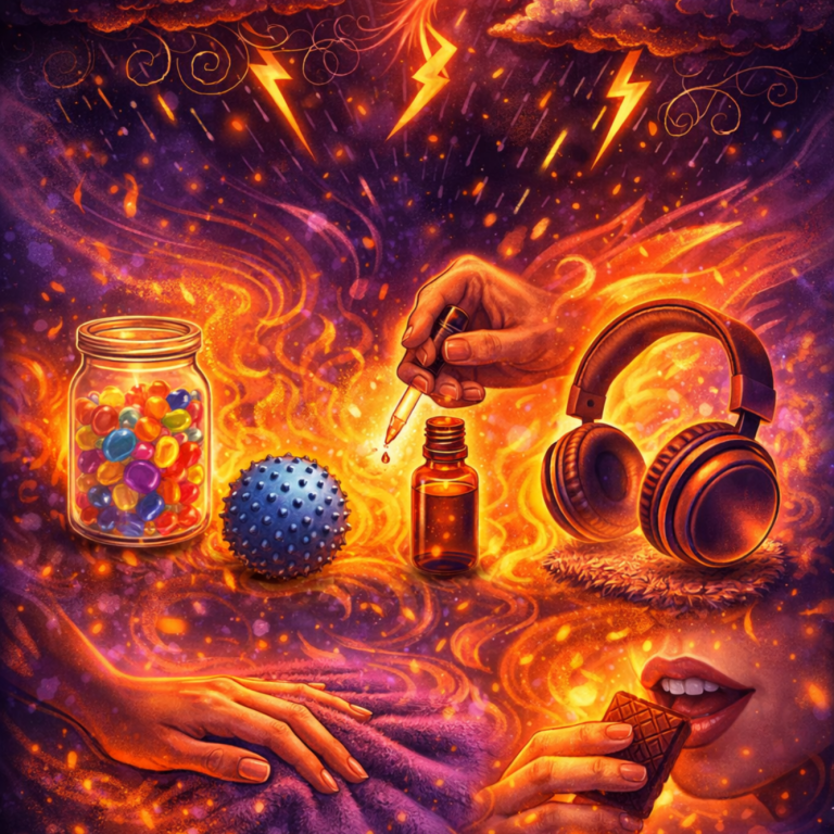 Sensory grounding techniques illustration with phoenix, touch objects, sound, smell, and taste elements supporting emotional regulation 