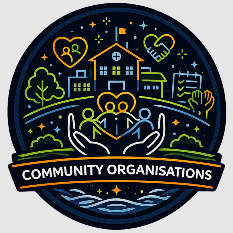 Supporting Community Organisations | Fynix Project Community organisations emblem featuring community support, wellbeing, collaboration and inclusive learning symbols.