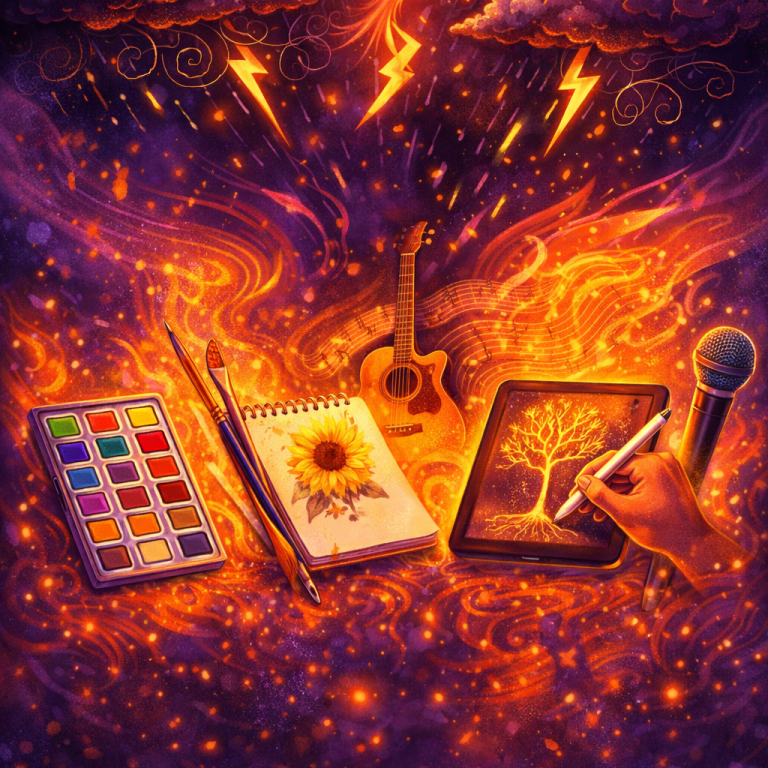 Creative grounding techniques illustration with phoenix, storm clouds, and art, music, and writing tools representing emotional regulation 