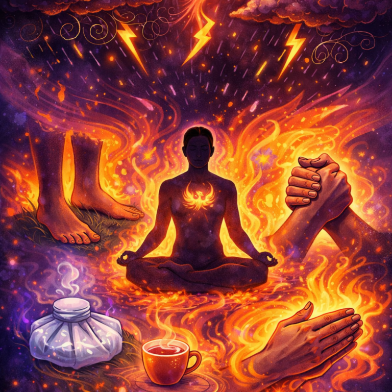 Body-based grounding techniques illustration with phoenix, meditation, touch, and temperature tools supporting emotional regulation 