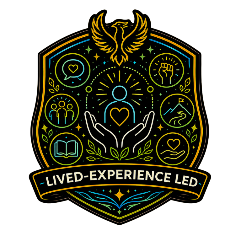 Lived-Experience Led Support Badge Neon shield icon representing lived experience leadership, peer support and authentic youth mental health guidance.
