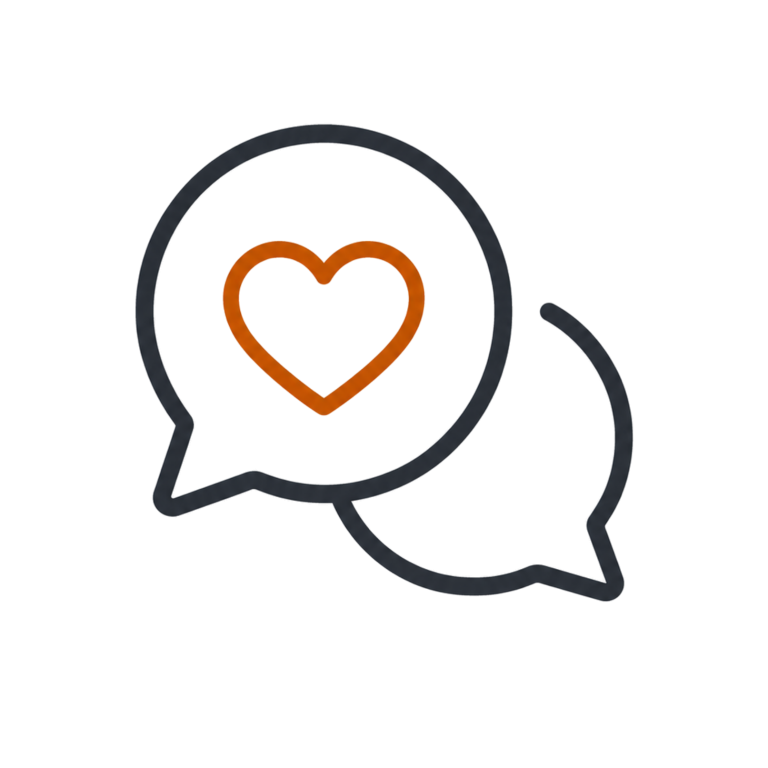Compassionate Communication | Fynix Project Core Values Compassionate communication icon showing speech bubbles and a heart symbol.
