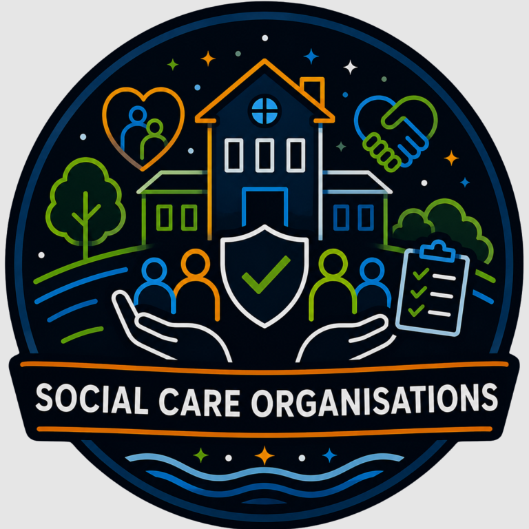 Supporting Supporting Social Care Organisations | Fynix Project Social care organisations emblem featuring wellbeing, safeguarding, support services and community care symbols.