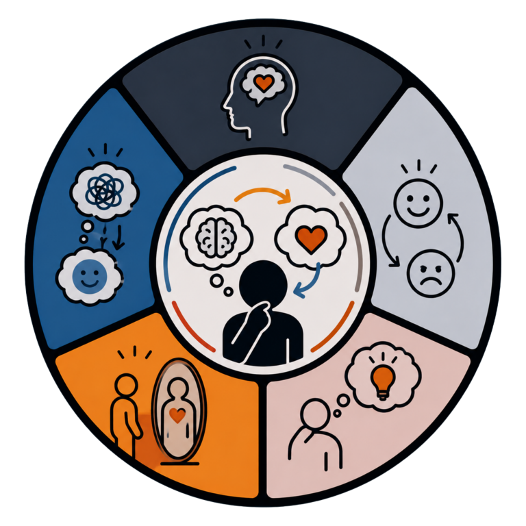 Thoughts and Feelings Module Icon | Fynix Youth Programme Illustrated icon showing the connection between thoughts, emotions, reflection and self-awareness.