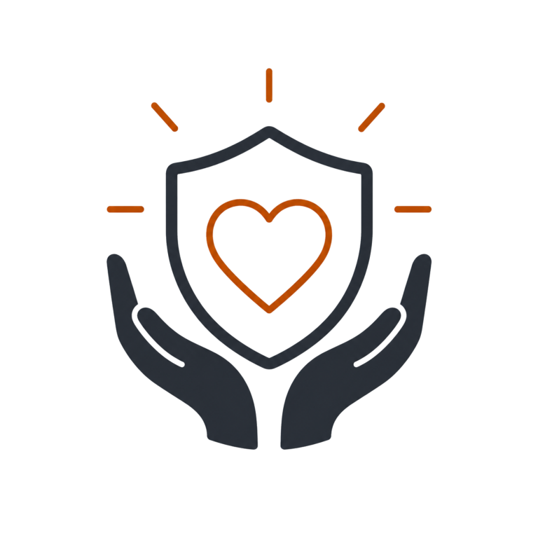 Emotional Safety | Fynix Project Core Values Emotional safety icon showing a protective shield and caring hands.