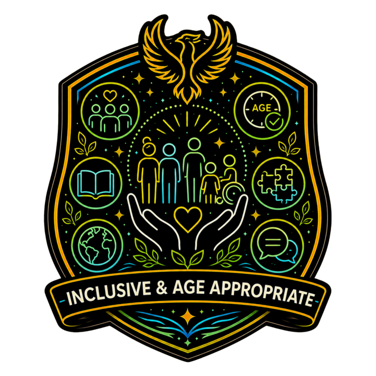 Inclusive & Age Appropriate Badge Neon shield icon representing inclusive, age-appropriate youth mental health workshops for diverse young people.