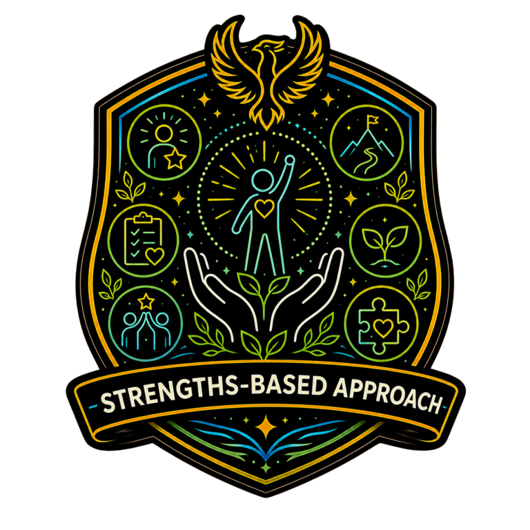 Strengths-Based Approach Badge Neon shield icon representing strengths-based practice, personal growth and empowering young people's abilities.