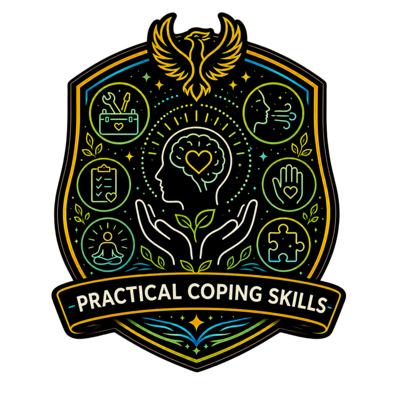 Practical Coping Skills Badge Neon shield icon representing practical coping skills, emotional regulation tools and resilience techniques.