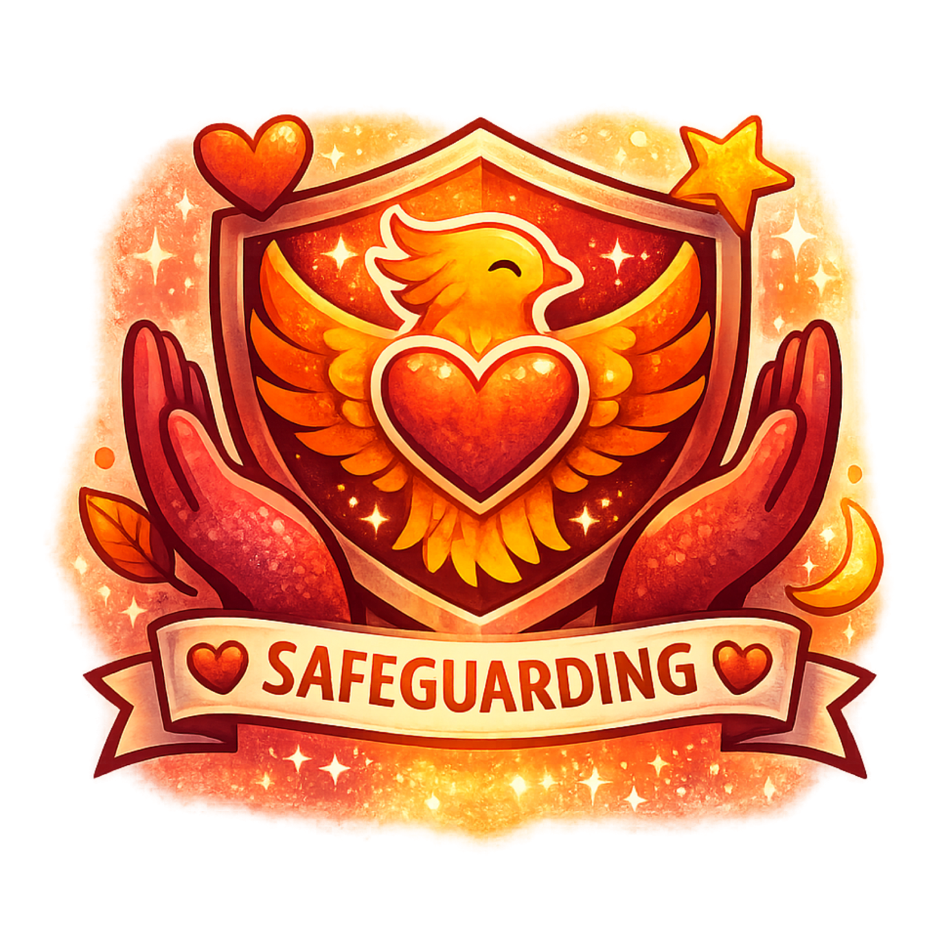 Young Voices Safeguarding | Safe Creative Space for Children Safeguarding emblem with phoenix shield, protective hands and heart symbol representing child safety and wellbeing.