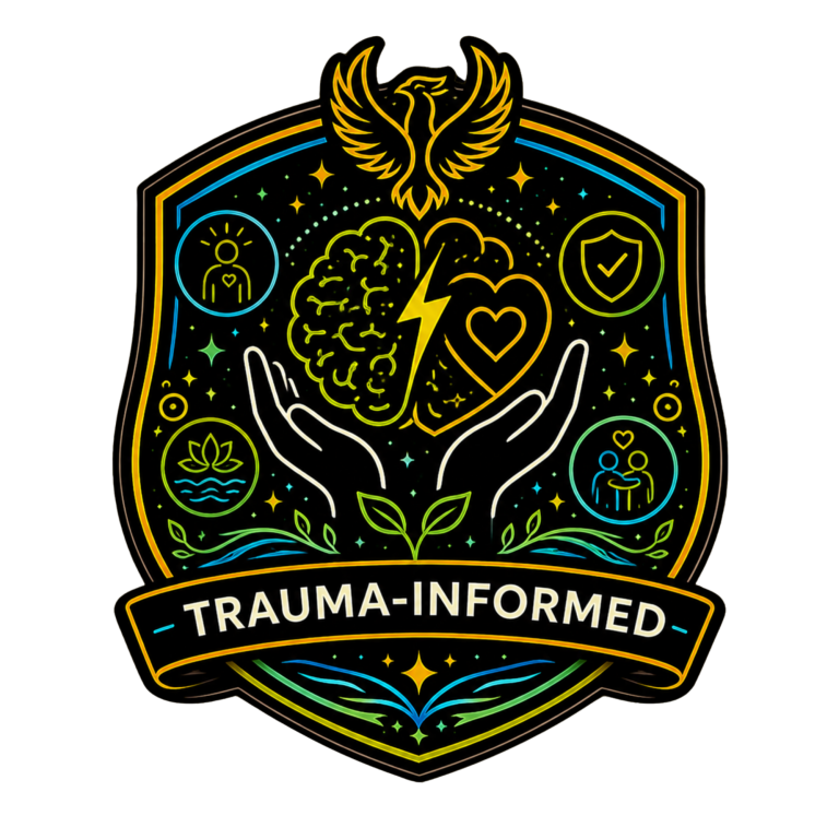 Trauma-Informed Youth Mental Health Badge Neon shield icon representing trauma-informed youth mental health support and emotional wellbeing workshops.