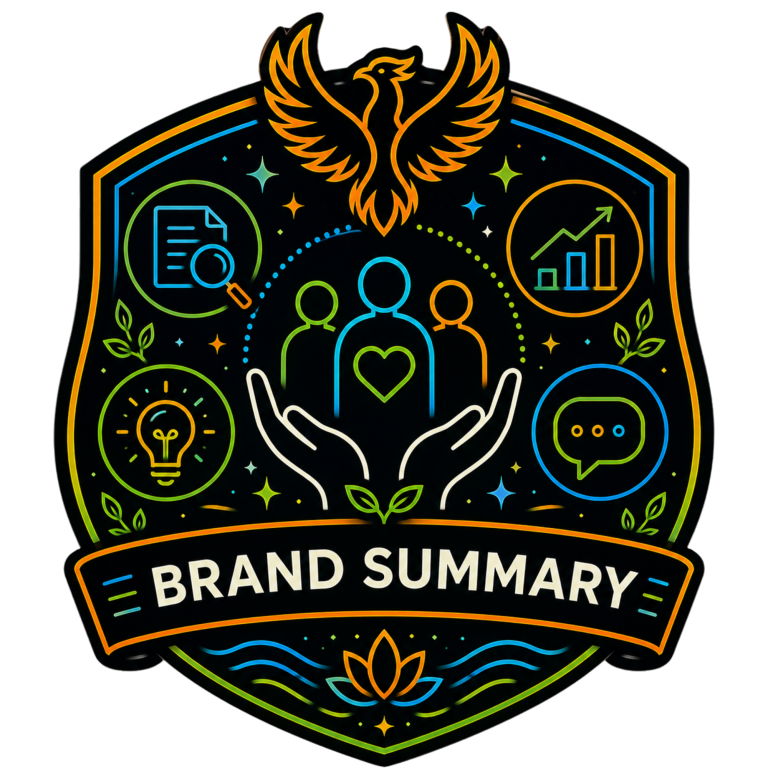 Brand Summary & Strategic Positioning | Fynix Project Brand summary icon representing organisational values, audience engagement, communication and strategic growth.
