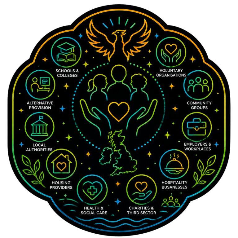 Who We Work With | Workshops for Organisations & Communities | Fynix Project Illustrated icon showing organisations, communities and services supported by Fynix Project workshops.