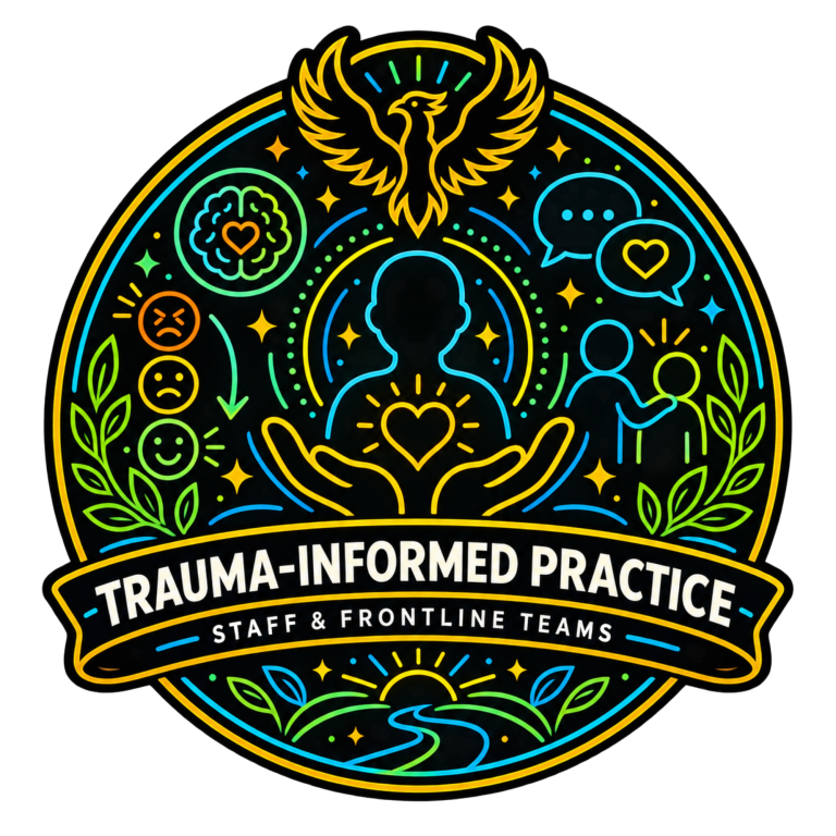 Trauma-Informed Practice Workshop Trauma-Informed Practice Workshop icon for staff and frontline teams, featuring supportive hands, a person with a heart, emotional regulatio