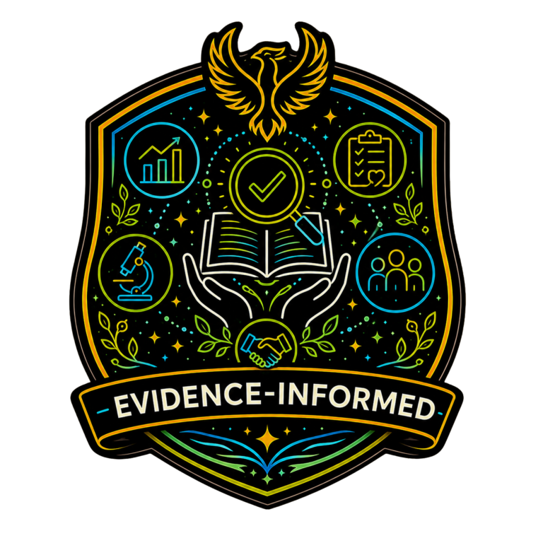 Evidence-Informed Practice Badge Neon shield icon representing evidence-informed mental health practice, research and proven wellbeing approaches.