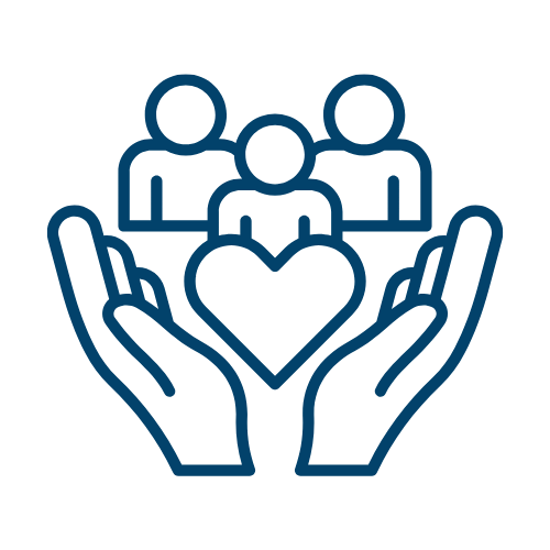 Two hands holding a heart with three figures above, symbolising care and support.