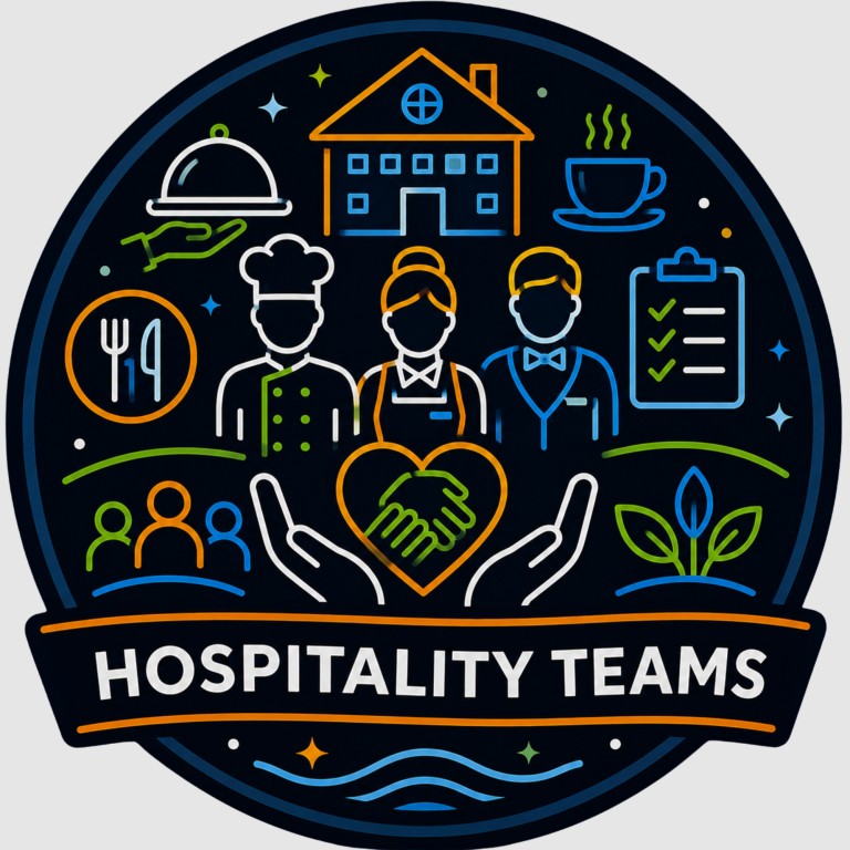 Supporting Hospitality Teams | Fynix Project Hospitality teams emblem featuring customer service, teamwork, wellbeing and workforce support symbols.