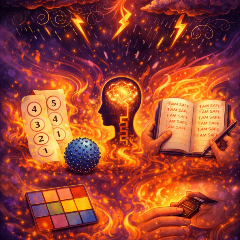 Mind-based grounding techniques illustration with phoenix, cognitive exercises, counting, journaling tools supporting emotional regulation