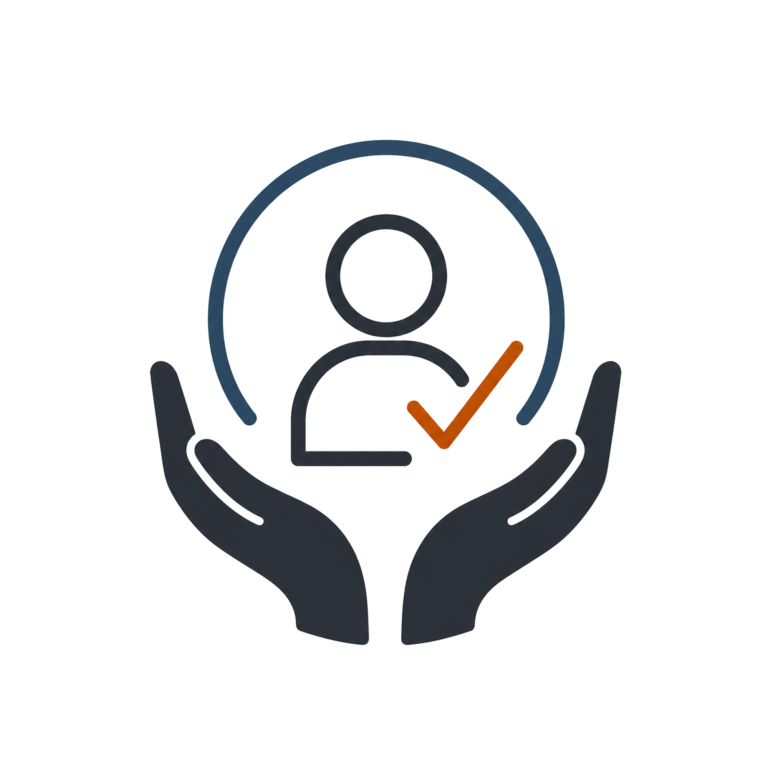 Psychological Safety | Fynix Project Core Values Psychological safety icon showing a supported individual with a checkmark and protective hands.