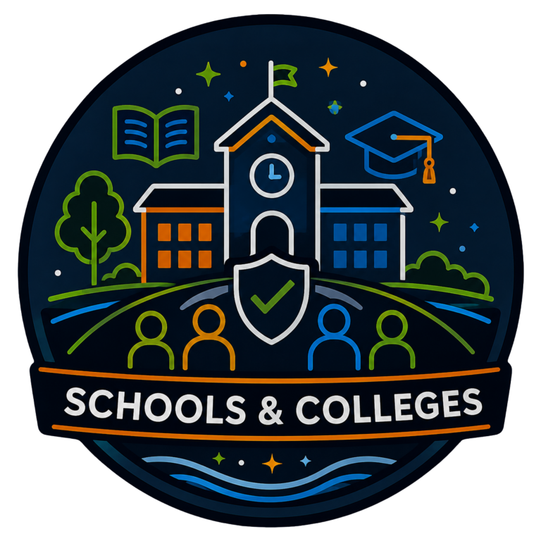 Supporting Schools & Colleges | Fynix Project Schools and colleges emblem featuring a school building, students, learning symbols and safeguarding elements.