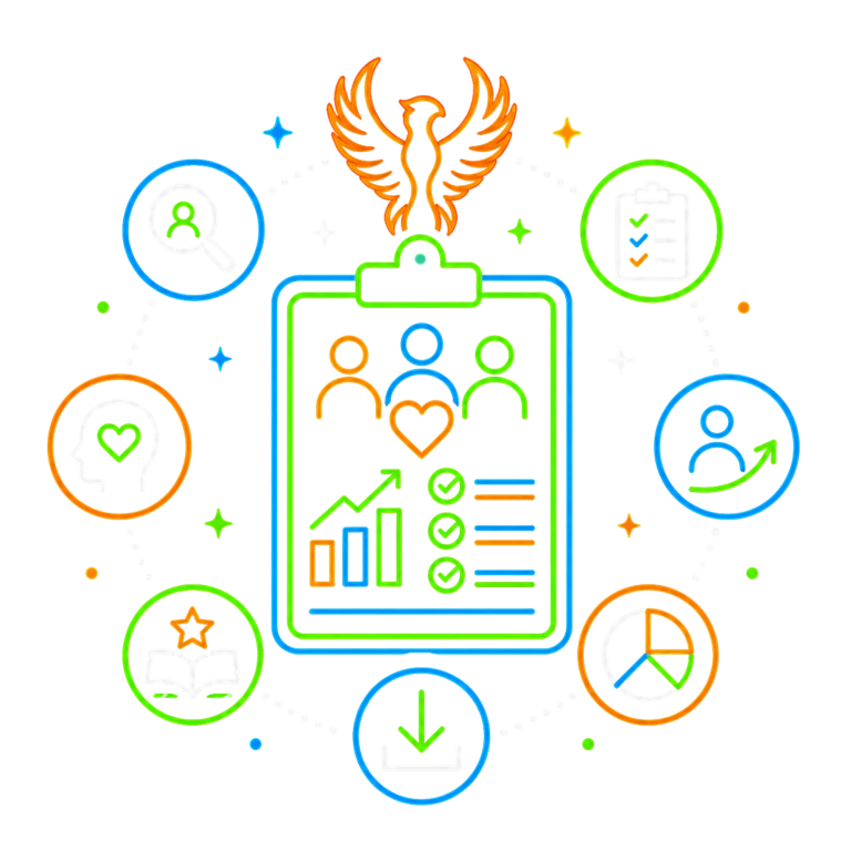 Outcomes and Evaluation Icon | Fynix Youth Programme Illustrated icon representing programme outcomes, evaluation processes and participant impact measurement.